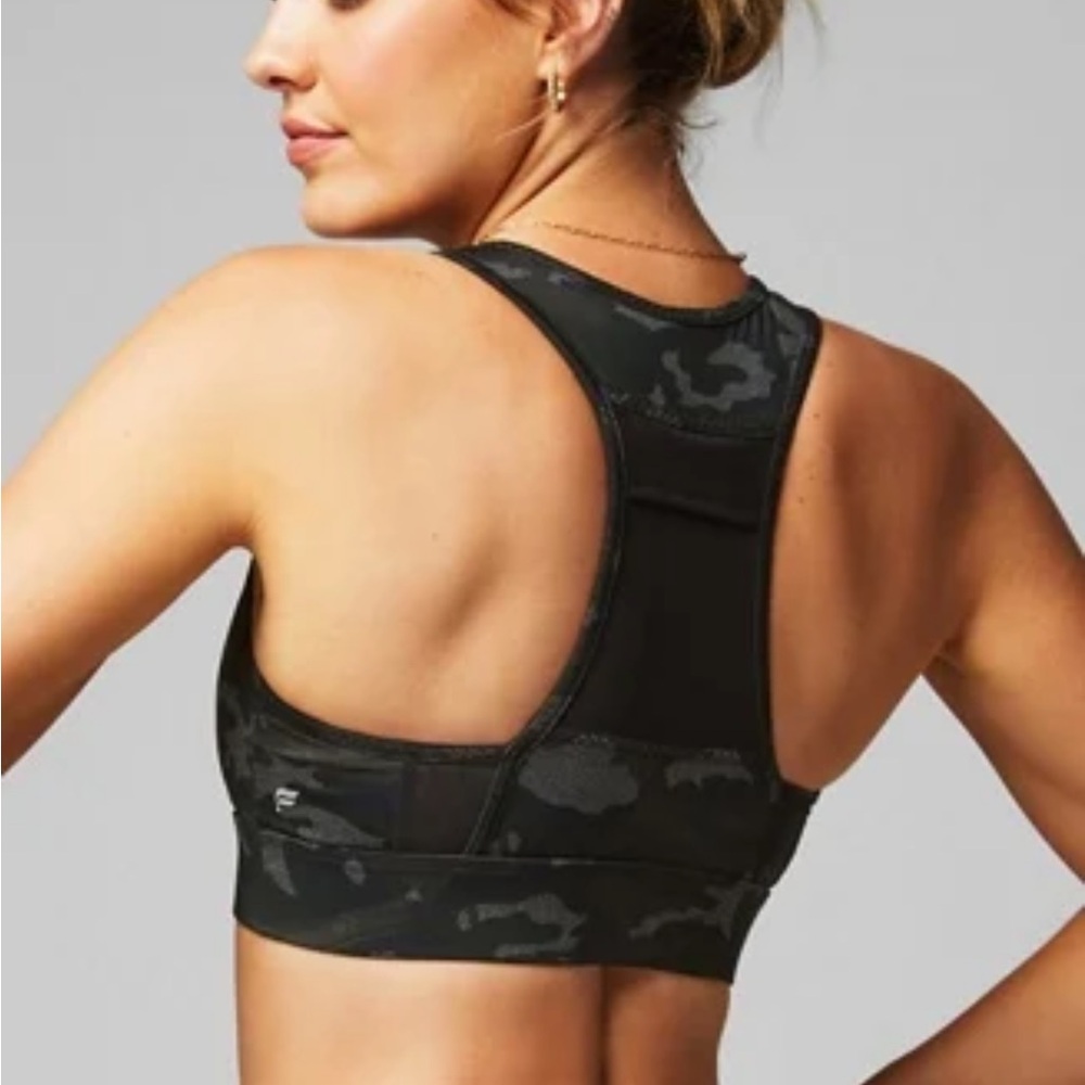 Fabletics On the Go Mila Sports Bra XS 4 Charcoal Camo Green Gray Black